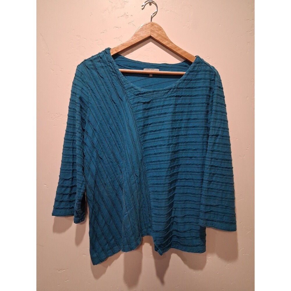 Habitat Clothes to Live In 3/4 Sleeve Teal Striped Asymmetrical Textured Top L